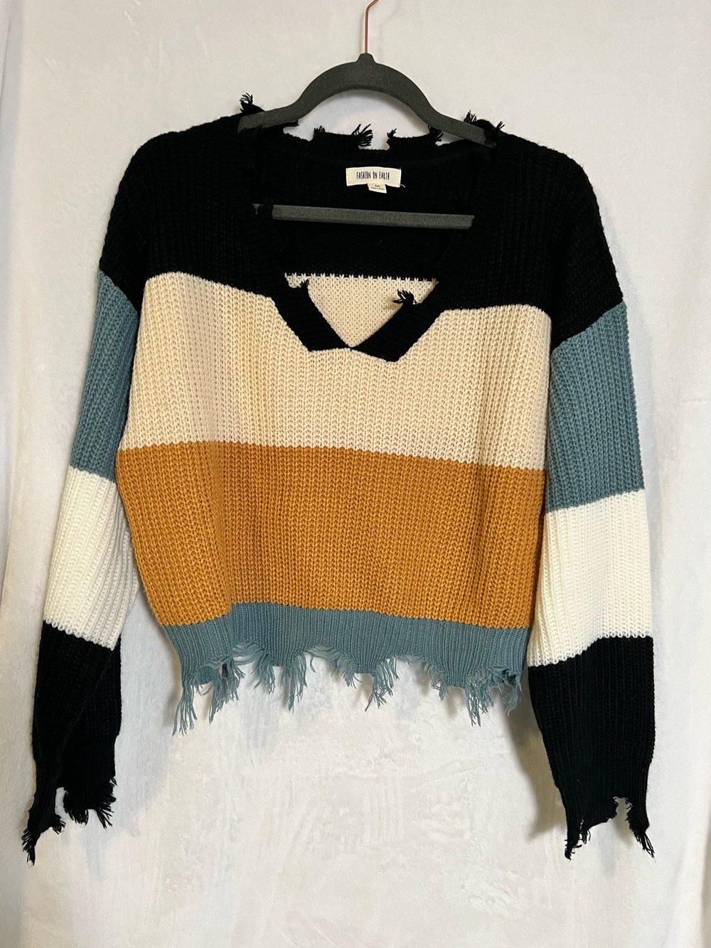 Dry Goods Black Cream Mustard Blue Colorblock Distressed V-Neck Sweater